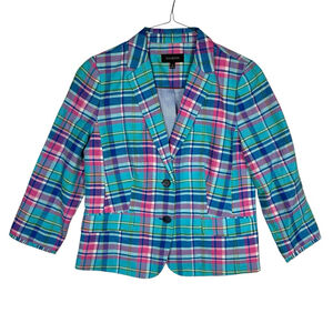 Talbots Womens Blazer Plaid 3/4 Sleeve Linen/Cotton Sunshine Jacket Size 12